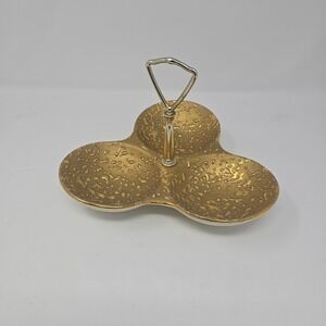 CONDIMENT DISH 3-PART WITH HANDLE,‎ WEEPING-BRIGHT 22 K GOLD, RETRO, VINTAGE